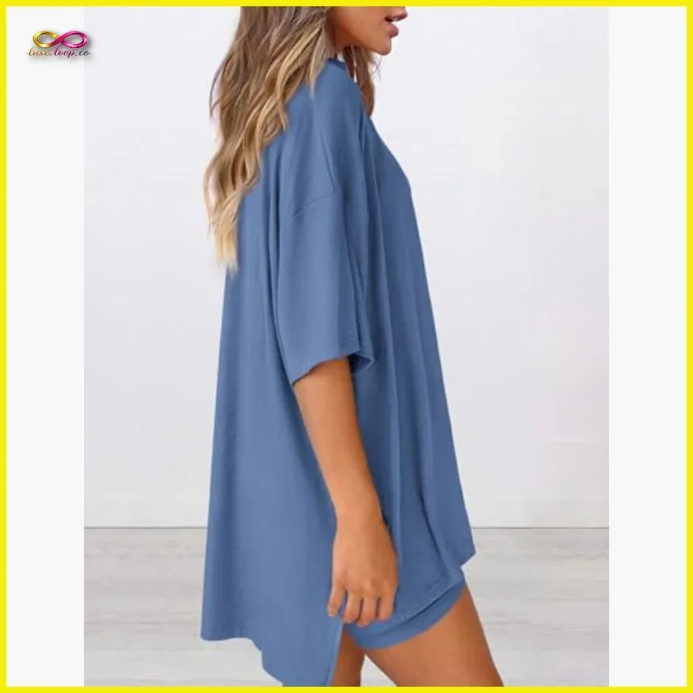 Oversized Short Sleeve Shirt Biker Shorts Matching Lounge Set Comfy Casual